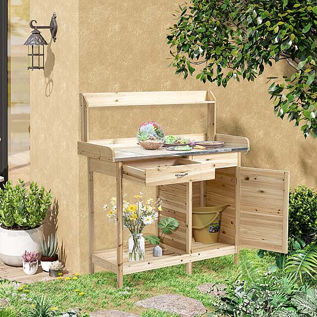 Multi-function Potting Bench Table with Cabinet & Steel Table Top